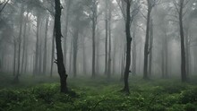 Misty Morning In The Forest, Foggy And Raining 