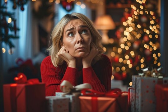 Tired depressed frustrated middle aged woman at home. Winter holiday stress, present gift buying, wrapping, preparing for Christmas concept, Generative AI 