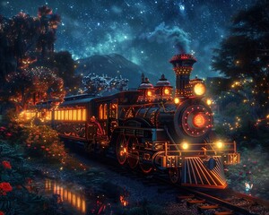 Wall Mural - fairytale train at night