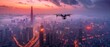 Urban drone, high angle, managing autonomous drone delivery, futuristic cityscape