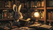 Rabbit as a librarian, cozy bookshelves, ambient light, low anglelow noise