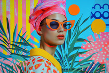 Abstract Pop Art Collage Of A Beautiful Woman On Colorful Paper Background, Female Fashion Model, Young Beautiful Social Media Trendy Style Wearing Sunglasses On A Blue Background