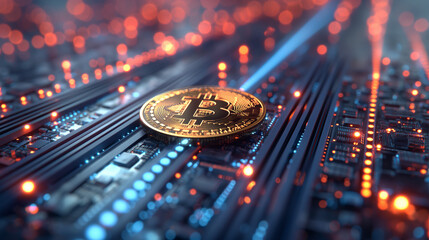 Poster - Crypto Bitcoins coins on financial blue background 3d illustration