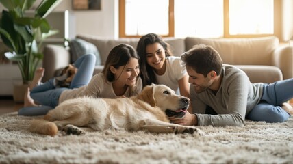 Wall Mural - happy people at home with favorite pet , love and friendship of human and animal pragma