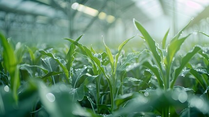 Bioengineered Grain Crops Basking in Sunlight: Fresh Morning Dew on Greenhouse Leaves