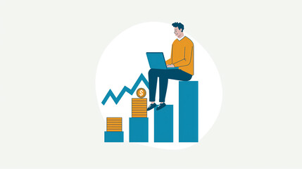 Wall Mural - A person with a laptop computer sitting on a financial chart illustration symbolizing startup success, investment growth and planning, self made businessman finance strategy progress