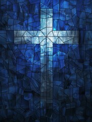 Wall Mural - An artistic blue stained glass window featuring a prominent cross design, conveying a sense of spirituality and tranquility.