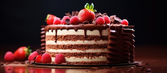 Canvas Print - Decadent Chocolate Cake Adorned with Fresh Juicy Strawberries and Creamy Strawberry Garnish