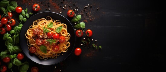 Canvas Print - Delicious Spaghetti with Fresh Tomato and Fragrant Basil Leaves on Elegant Black Background