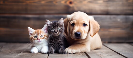 Wall Mural - Harmony at Home: Cat and Dog Enjoying a Peaceful Moment on Wooden Floor