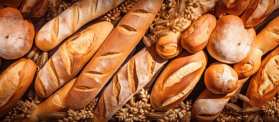 Canvas Print - Rustic Bread Loaf on Wooden Table Surrounded by Wheat Sheaves and Grains