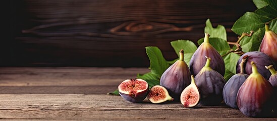 Canvas Print - Fresh Figs with Vibrant Green Leaves Arranged on Rustic Wooden Table