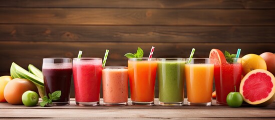 Canvas Print - A Variety of Smooth Juices in Colorful Glasses on Wooden Table Displayed with Fresh Fruits and Straws