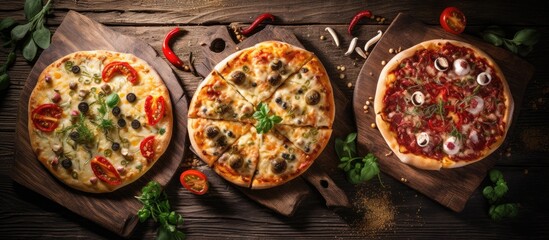 Sticker - Delicious Pizza Varieties Displayed on Rustic Wooden Table in Italian Restaurant Setting