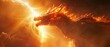 Dragon eclipsing the sun, fiery scales, close-up, intense solar flare lighting