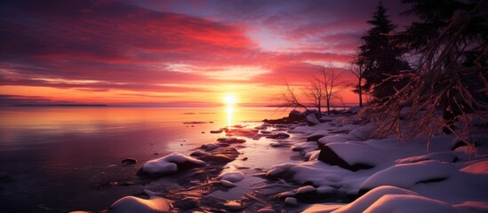 Wall Mural - Vibrant Sunset Reflection on Snow-Covered Scenic Frozen Lake Landscape