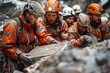 Rescue team dismantling rocks after earthquake