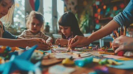 A family enjoys quality time together, engaging in arts and crafts at a colorful and messy home workstation, fostering creativity. AIG41