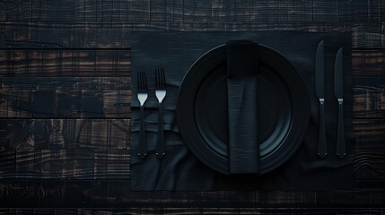 Fototapeta elegancko nakryty stół dla jednej osoby z czarnym talerzem z serwetką z dwoma nożami i widelcami. ciemne kolory, widok z góry leżą płaską.