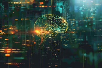 Poster - A vibrant illustration of a brain overlaid on a dynamic cityscape brimming with tech elements.