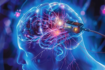 Poster - Stylized image of a brain connected to technology with neon lights.
