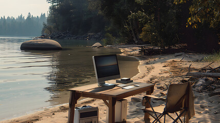 Canvas Print - the desk and computer are set in the sand near the water, 