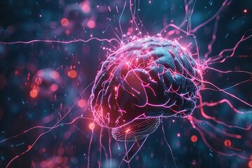 Poster - 3D digital brain with neural network activity and electrical impulses.