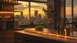 Modern kitchen with cityscape, polished surfaces reflect evening's amber radiance, city lights shimmer, blending natural and urban elements, serene, warm ambience. generative AI