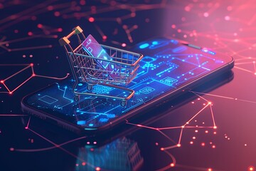 E-commerce business, abstract trolley and smartphone icon, edge computing background.