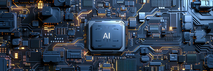 Fototapete - A computer motherboard with a state-of-the-art AI processor. AI generative.