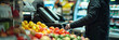 Shopping and paying at a fruit and vegetable stall in a supermarket. AI generative.