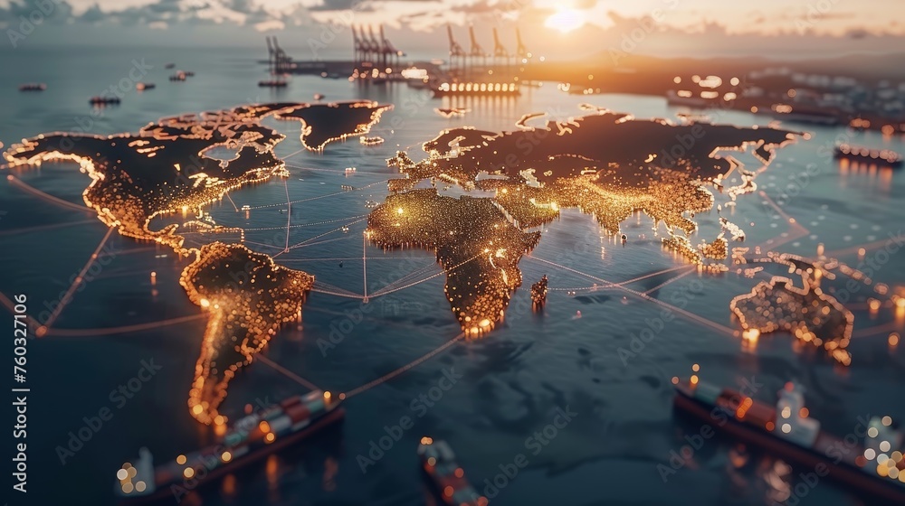 Global business map highlighted with interconnected world trade routes ...