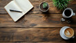 © น้ำฝน สามารถ - Discover a top-view office setup featuring a realistic wooden table with coffee, notebook, and pens. AI generative technology brings depth to the workspace