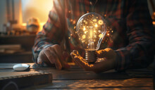 Concept Of A New Idea And Innovation With A Hand Holding A Light Bulb Icon And Gears On The Table