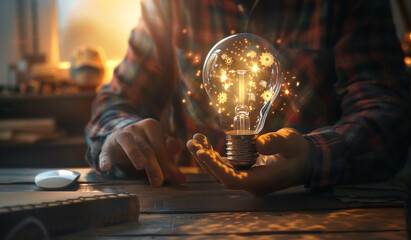 Concept of a new idea and innovation with a hand holding a light bulb icon and gears on the table