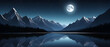 Majestic beauty of a nocturnal mountain landscape, with a shimmering river flowing smoothly and the moon casting its silvery light.