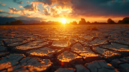 A fractured world landscape With barren vegetation and a sun-scorched horizon. which is a symbol of global warming and drought