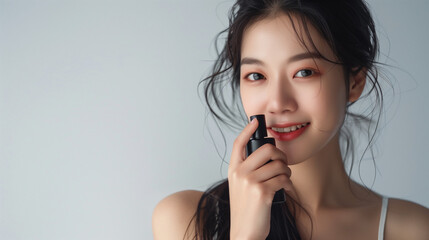 Wall Mural - Asian Korean girl with natural beauty, holding a plain black perfume bottle, with a cheerful facial expression, Ai generated images