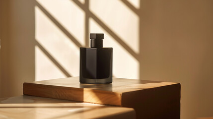 Sticker - mock-up of a modern black perfume bottle displayed on a minimalist table with sunlight shining through the window. Ai generated Images