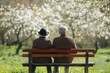 Retired man and woman on bench in park watching grandchildren, happy memories.