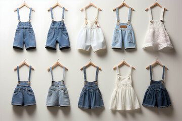 Canvas Print - Miniature denim overalls and delicate dresses displayed on tiny hangers.