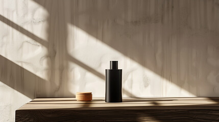 Sticker - mock-up of a modern black perfume bottle displayed on a minimalist table with sunlight shining through the window. Ai generated Images