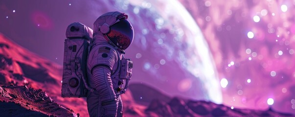 Wall Mural - Old-school astronaut exploring a dreamy alien planet, stars shining brightly above