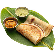 Wall Mural -  front view of delicious-looking Dosa with Coconut Chutney on a banana leaf, food photography style isolated on a white transparent background 