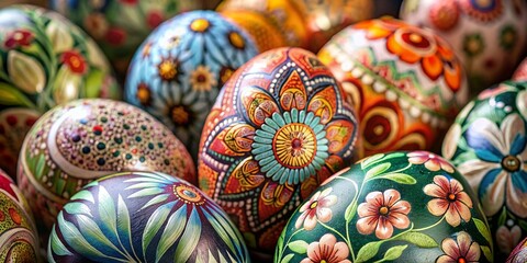 Wall Mural - Close up easter egg, beautifully painted in floral motifs