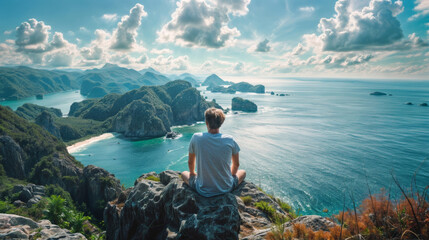 Wall Mural - Young man sitting on top of the mountain and looking at the sea