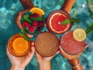 Canvas Print - various fruit cocktails in female hands