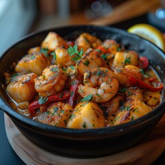 Sticker - cooked shrimps with vegetables in a plate