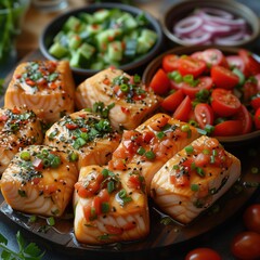 Wall Mural - pieces of cooked fish in sauce with vegetables