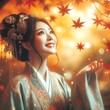 Happy Chinese Qing dynasty maiden looking up at falling autumn leaves